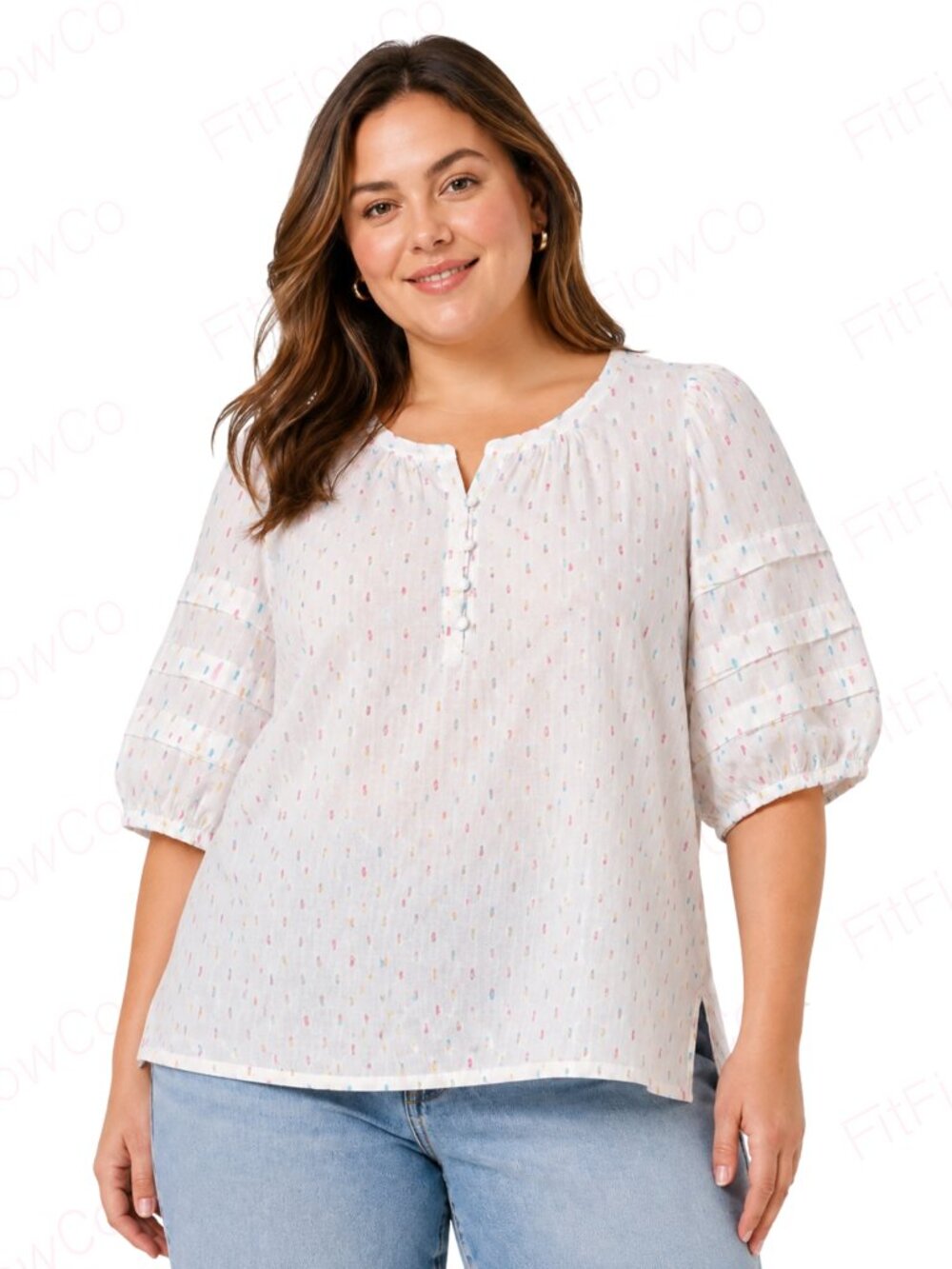 LOFT Petites LP Multicolor Clip Dot Puff Sleeve Cotton Blouse